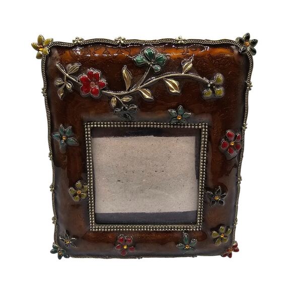 Vintage 1990s Brown Enamel Floral Picture Frame 5.75 X 5" - Picture 1 of 4